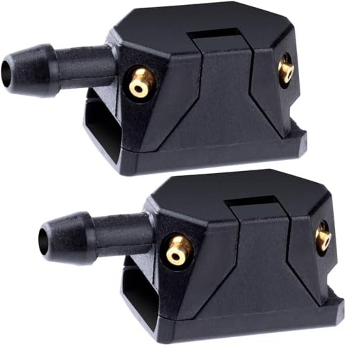 Windshield washer nozzle pair, black with brass ports and angled outlet tips