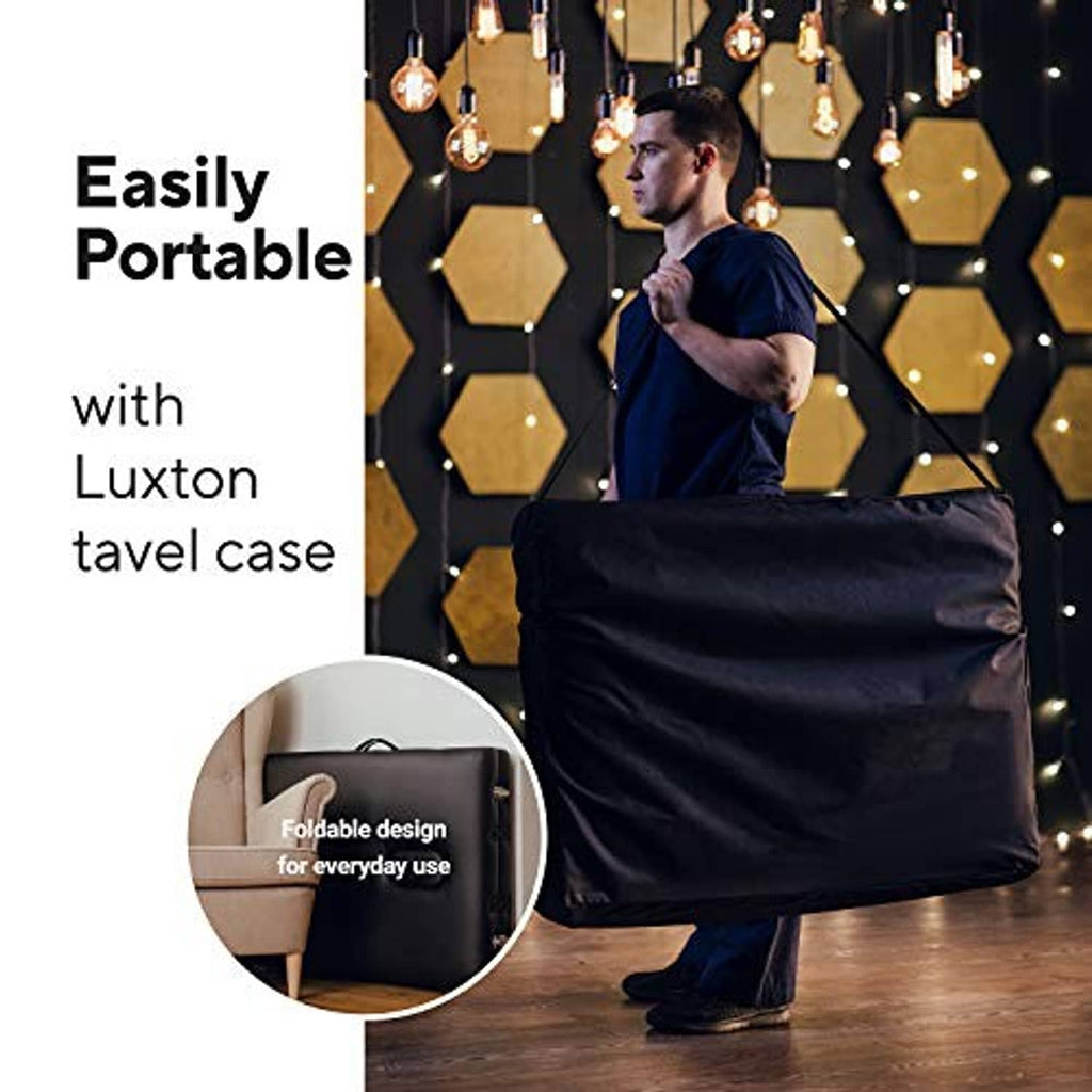 Black travel case for portable massage table, folded and ready to transport