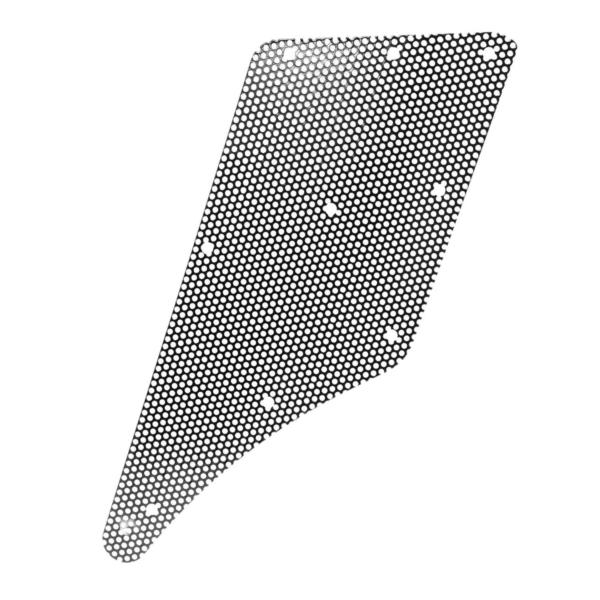 Perforated steel hood side screen panel with slanted shape and mesh dots