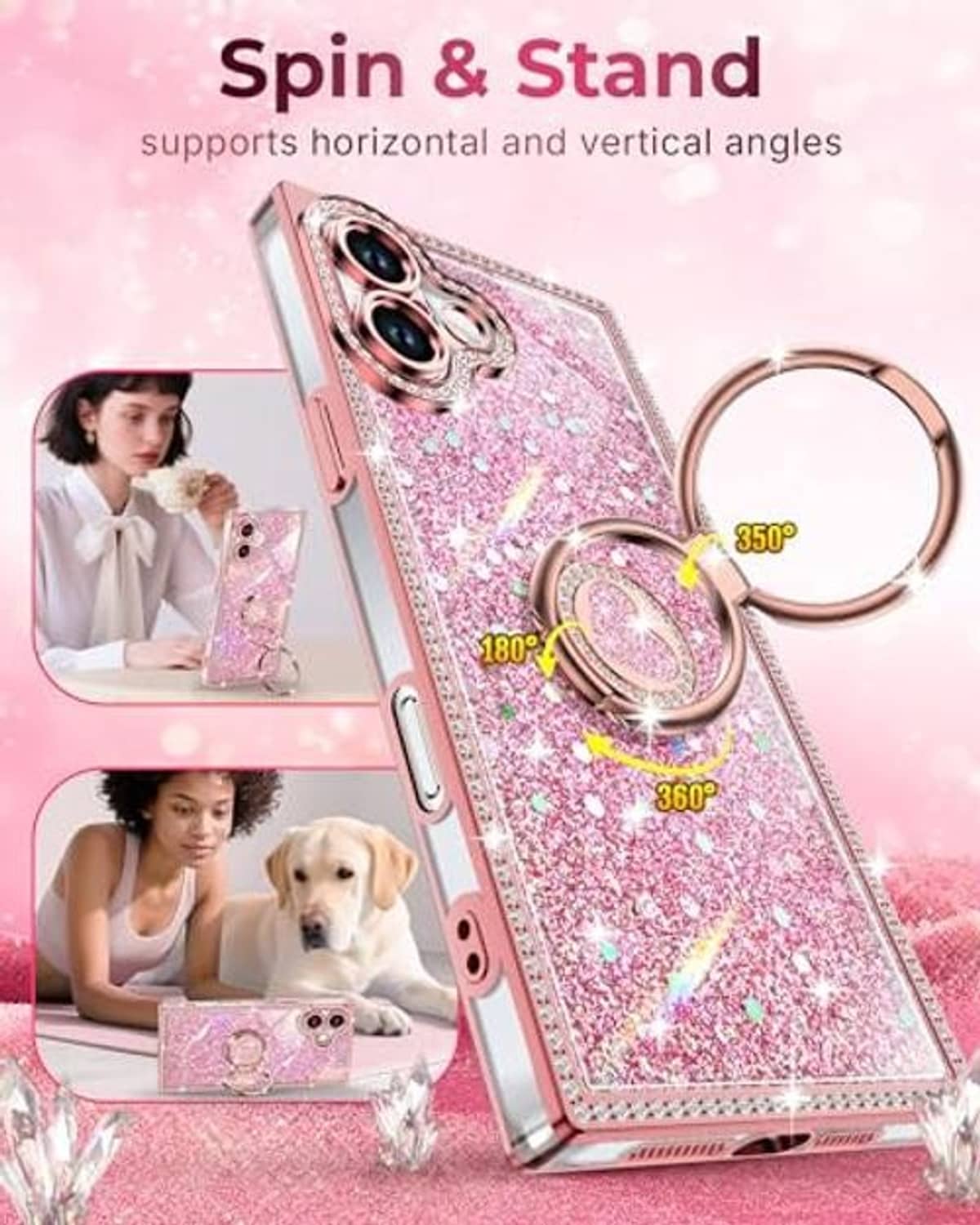 Pink glitter phone case with heart ring holder kickstand stand design