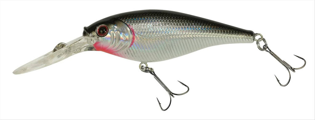 Black and silver crankbait fishing lure with red eye and three treble hooks