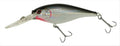 Black and silver crankbait fishing lure with red eye and three treble hooks