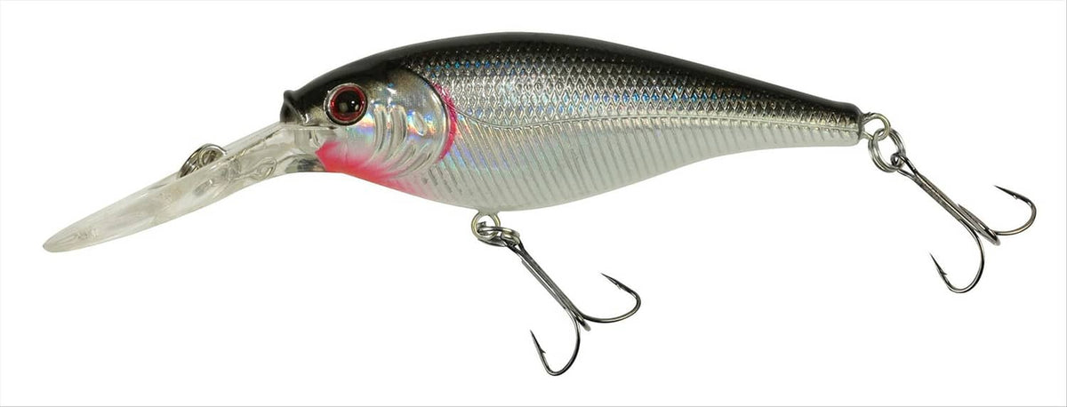Black and silver crankbait fishing lure with red eye and three treble hooks