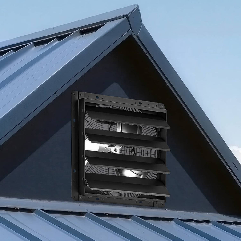 Wall-mounted exhaust fan installed on exterior wall, black louvered grille in frame