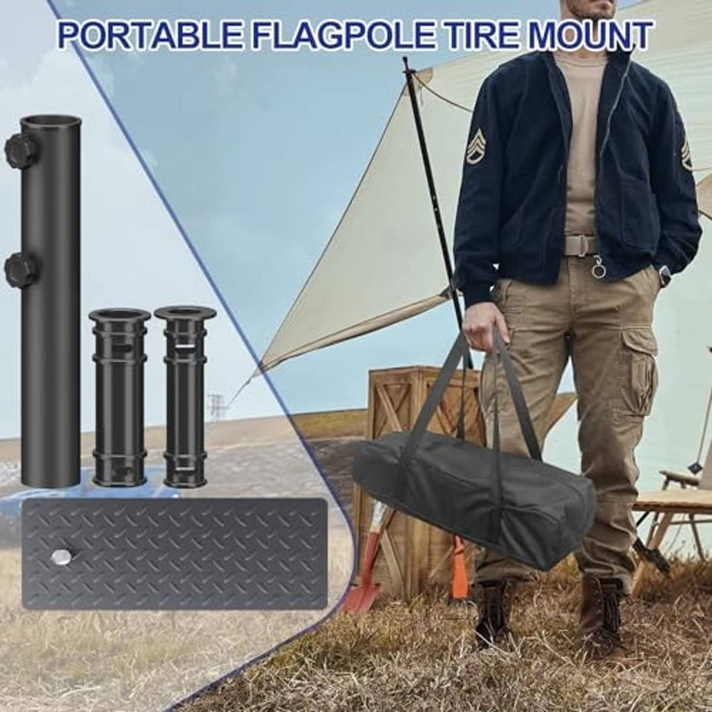 Portable flagpole tire mount with black diamond-plate base, pole sleeve, and clamp
