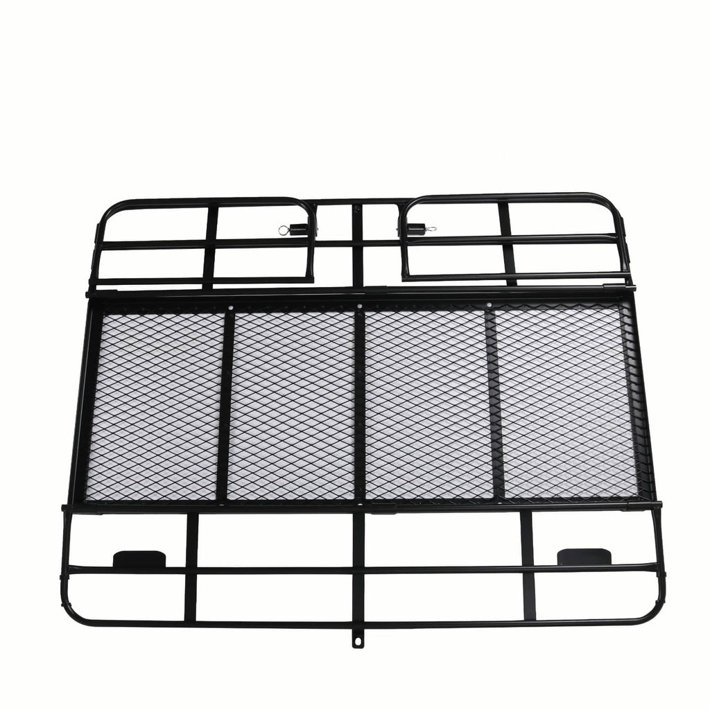 Mesh deck hitch cargo basket rack with front guard rails and fold-ready frame