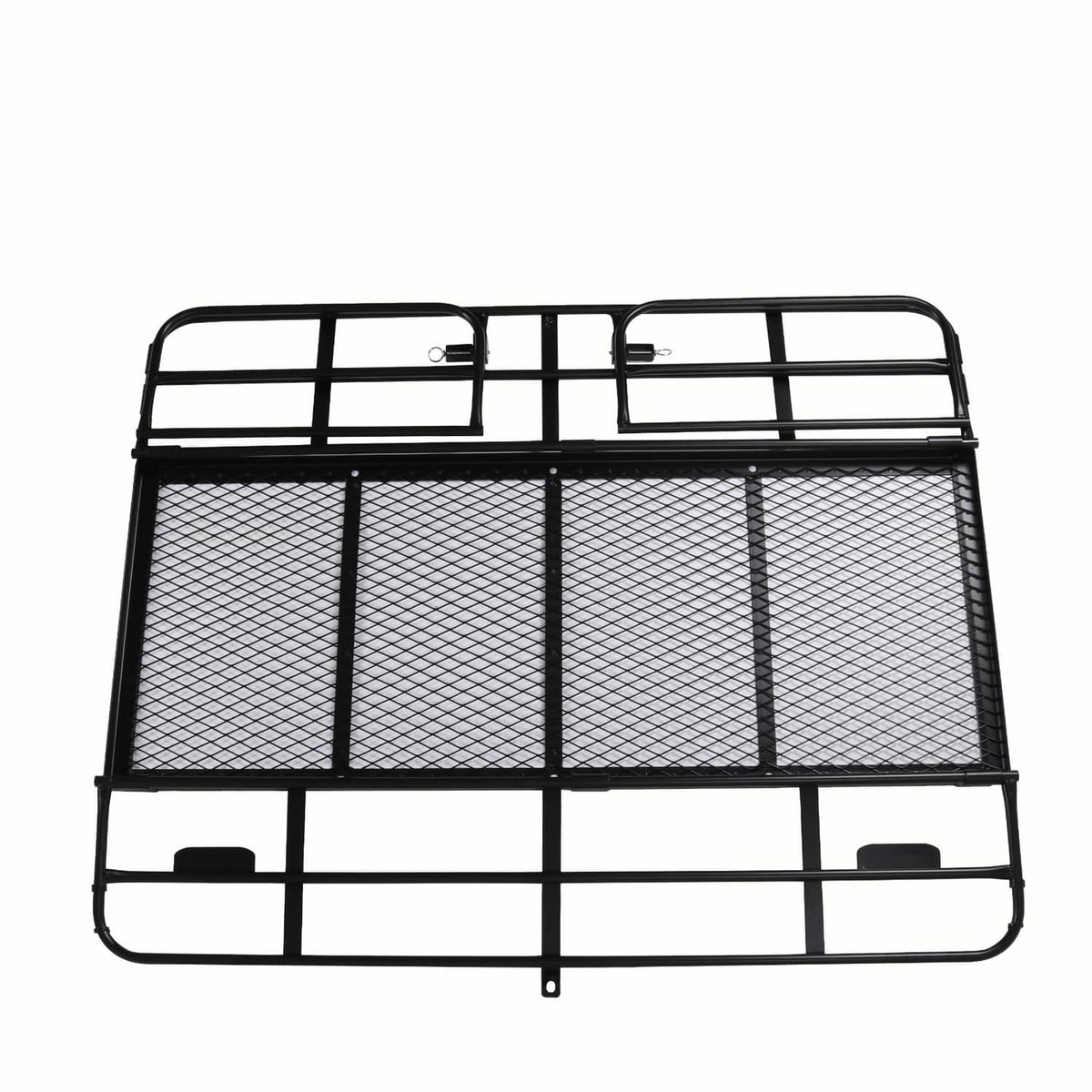 Mesh deck hitch cargo basket rack with front guard rails and fold-ready frame