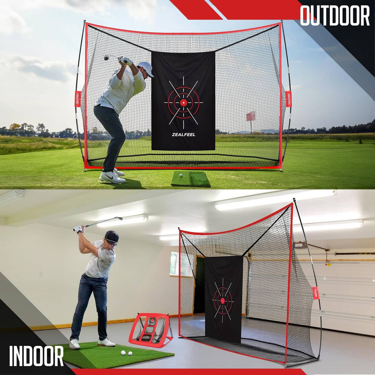 Outdoor and indoor golf practice net with black target and red frame