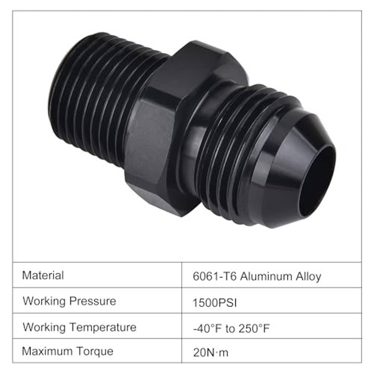 Black 6061-T6 aluminum straight adapter with threaded AN and 1/2 NPT ends