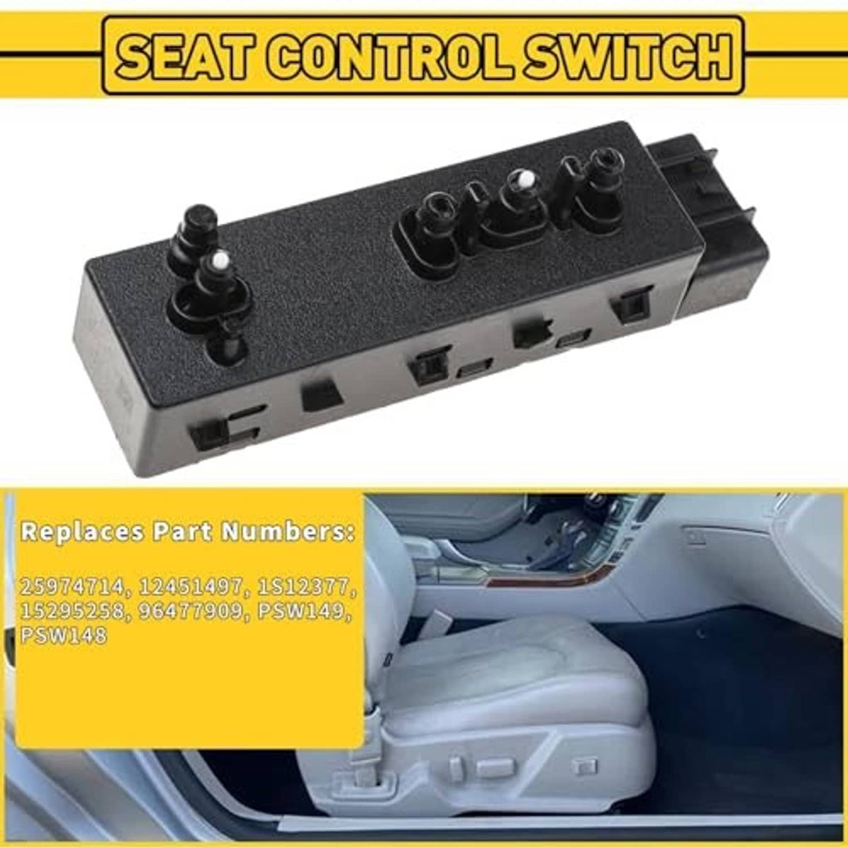 Power seat control switch with black front panel and connector terminals along the side
