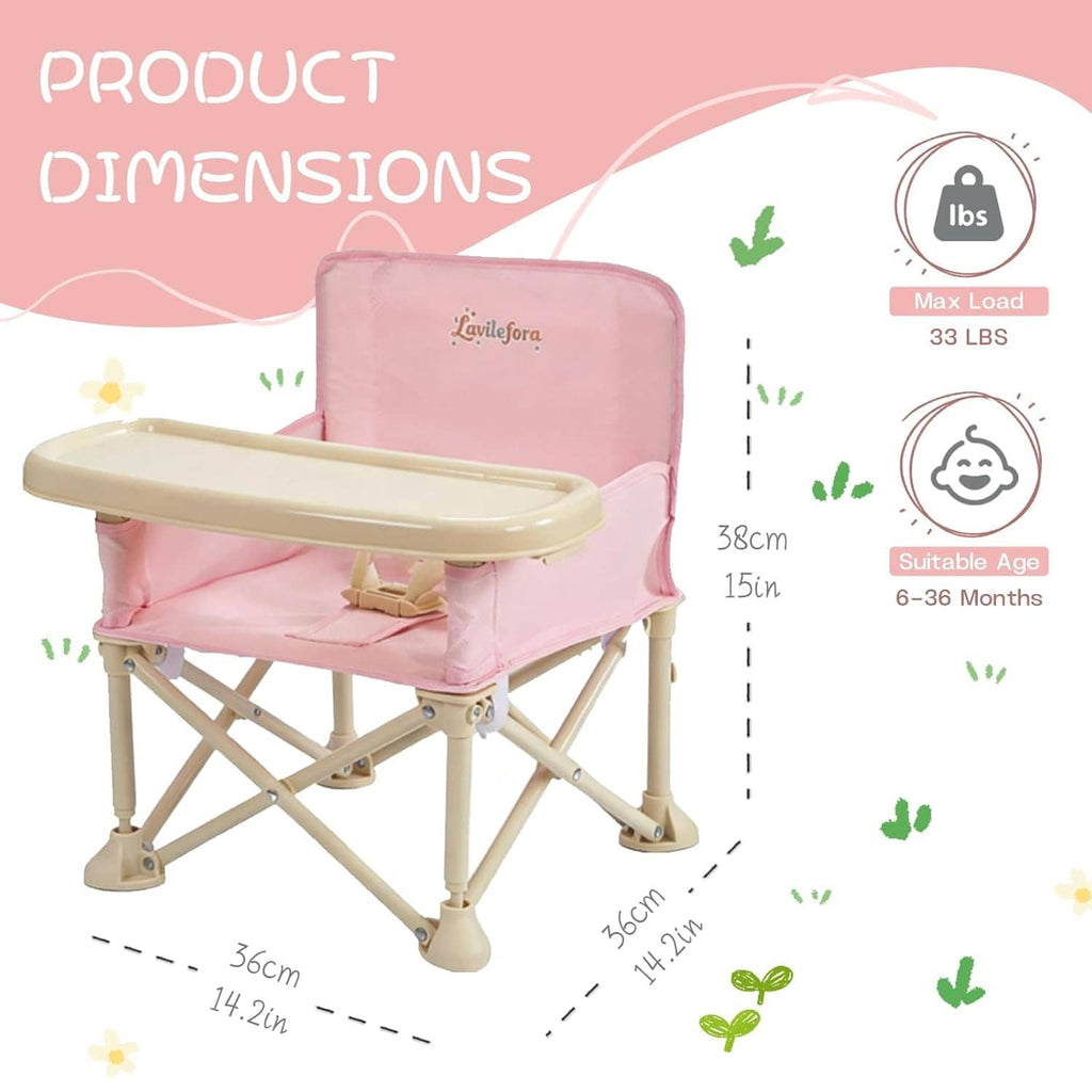 Pink folding baby booster chair with cream tray, side view, adjustable toddler seat