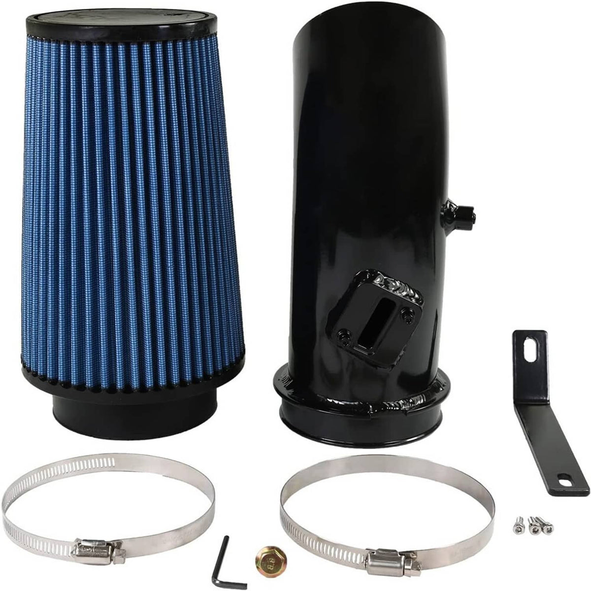 Blue pleated cone air filter with black intake pipe and two hose clamps