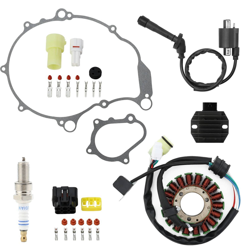 Motorcycle stator assembly with ignition coil, spark plug, and gasket set