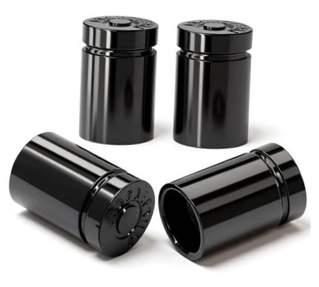 4 black bullet tire valve stem caps with vented top and side ridges