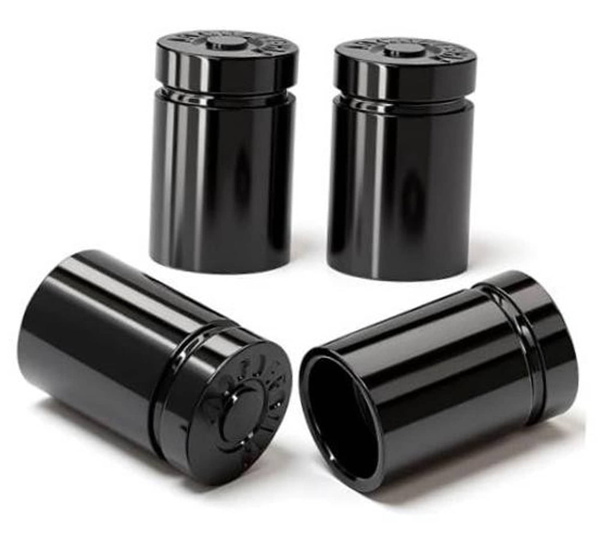 4 black bullet tire valve stem caps with vented top and side ridges