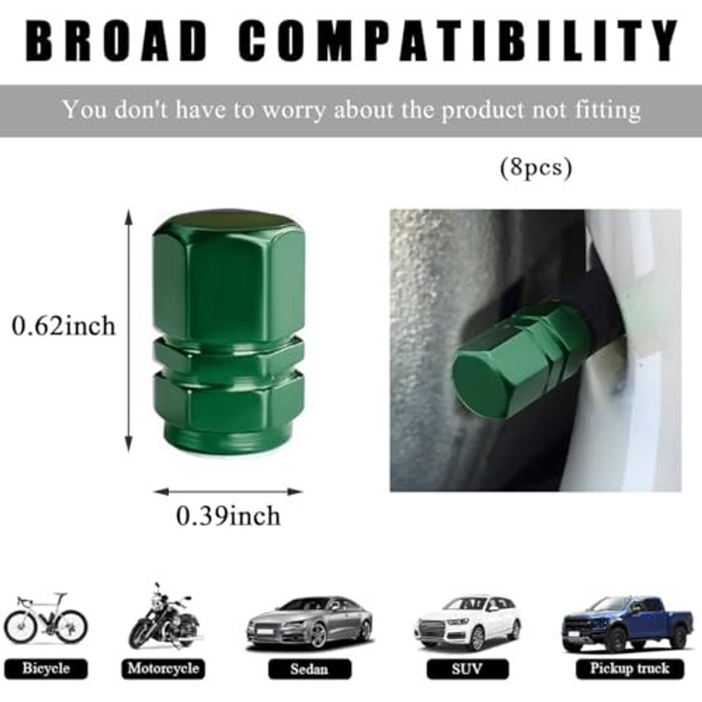 Green tire valve cap with size markings; anti-corrosion valve cover (8 pcs)