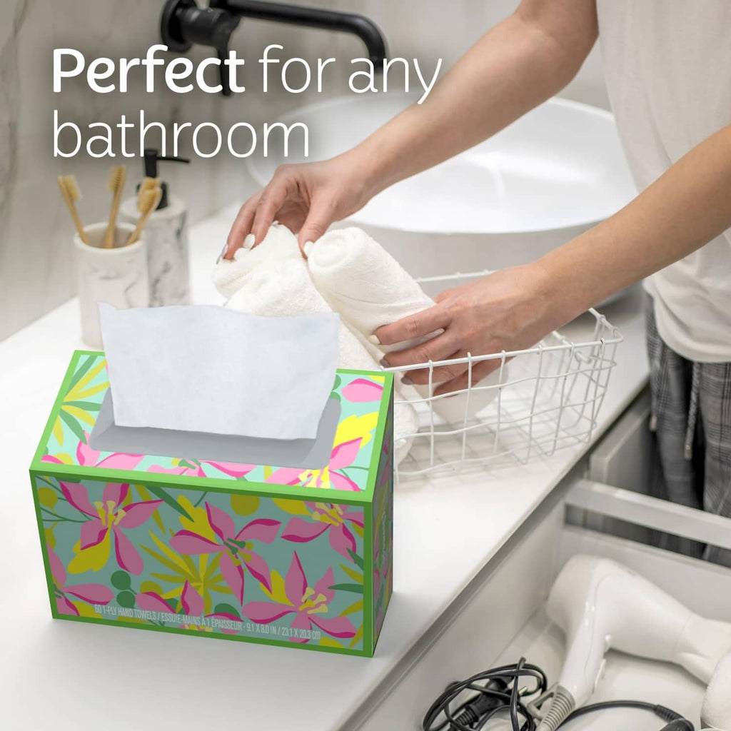 Kleenex hand towel box with white paper towel, pulled for use