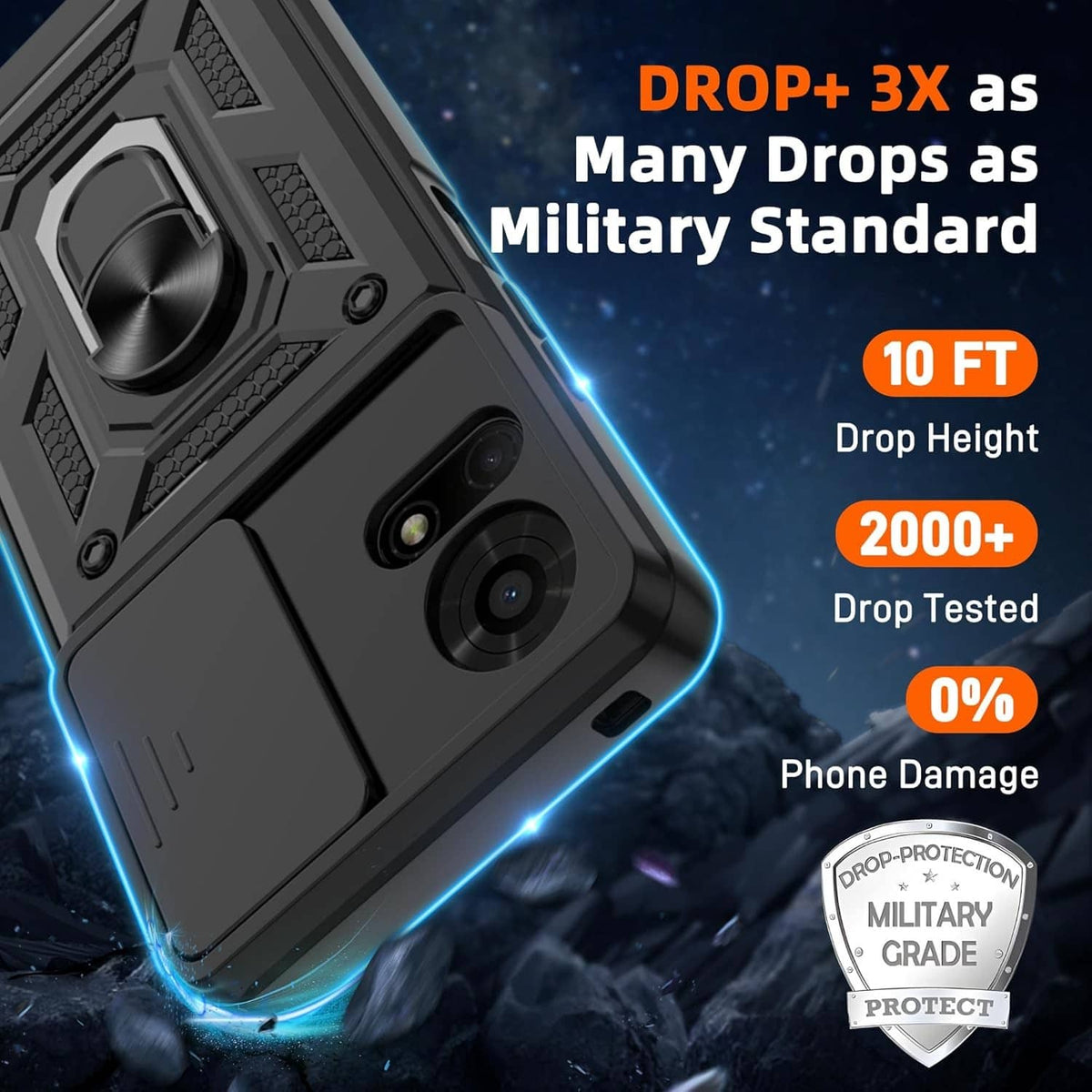 Black rugged phone case, textured grips and corner camera protection