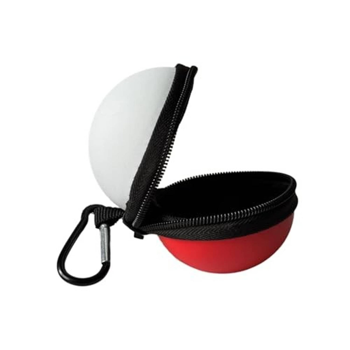 Clip-on pool ball case with black zipper and carabiner clip, white lid over red shell