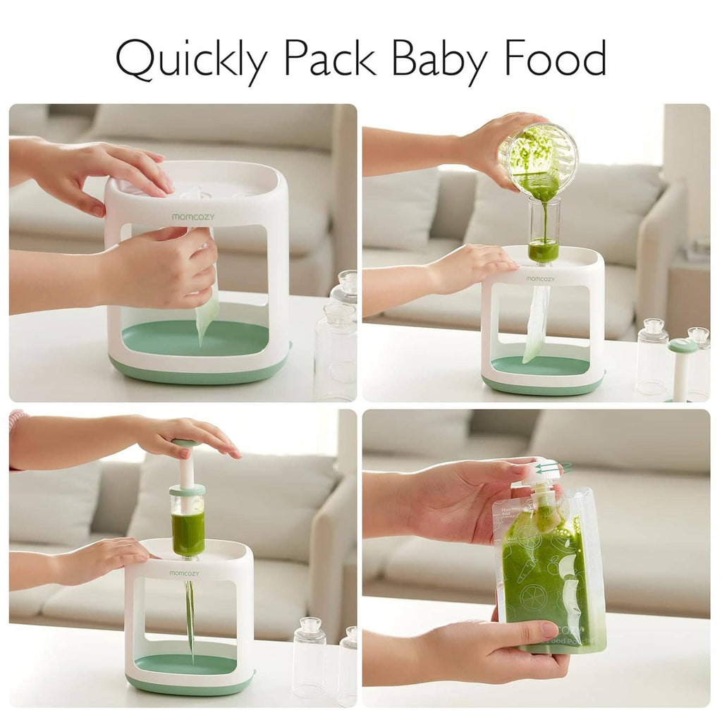 Baby food pouch filler squeeze station filling a reusable pouch with green puree