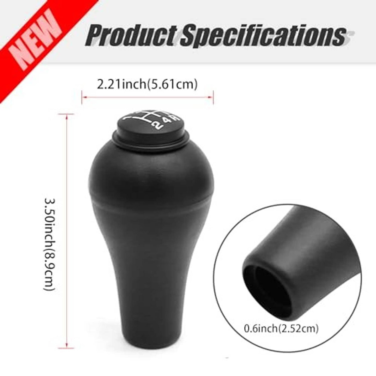 Black manual shift knob with round top showing gear shift pattern