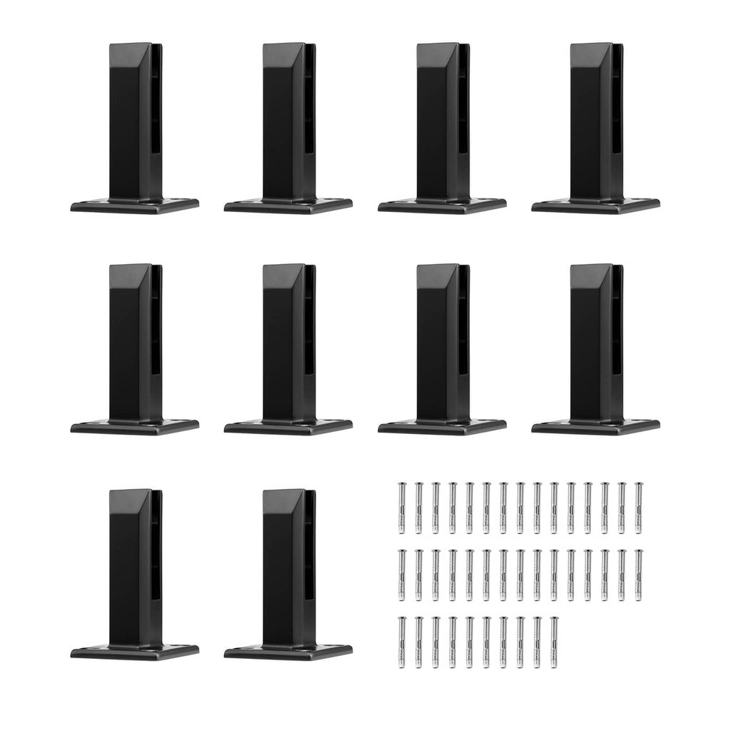 Set of 10 black square glass railing floor clamps with vertical posts and bases