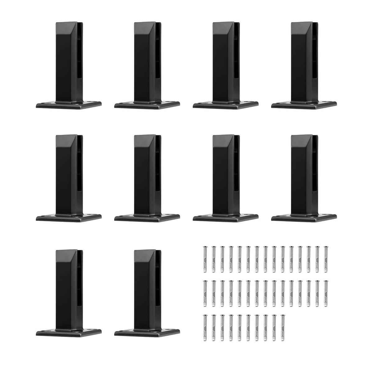 Set of 10 black square glass railing floor clamps with vertical posts and bases