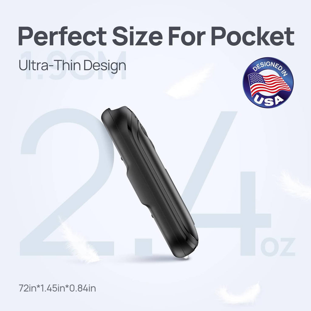 Slim black rechargeable hand warmer with pocket-size oval design
