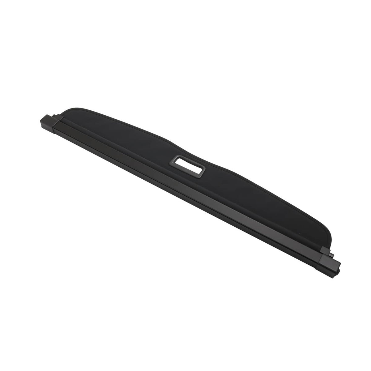 Black retractable trunk cargo cover shade panel laid at an angle with center slot