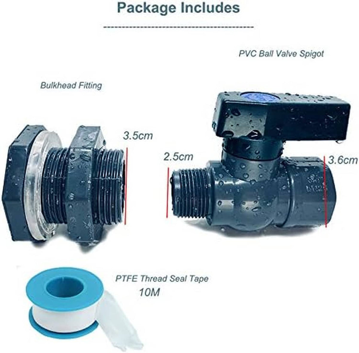 PVC ball valve spigot kit with bulkhead fitting and PTFE thread seal tape