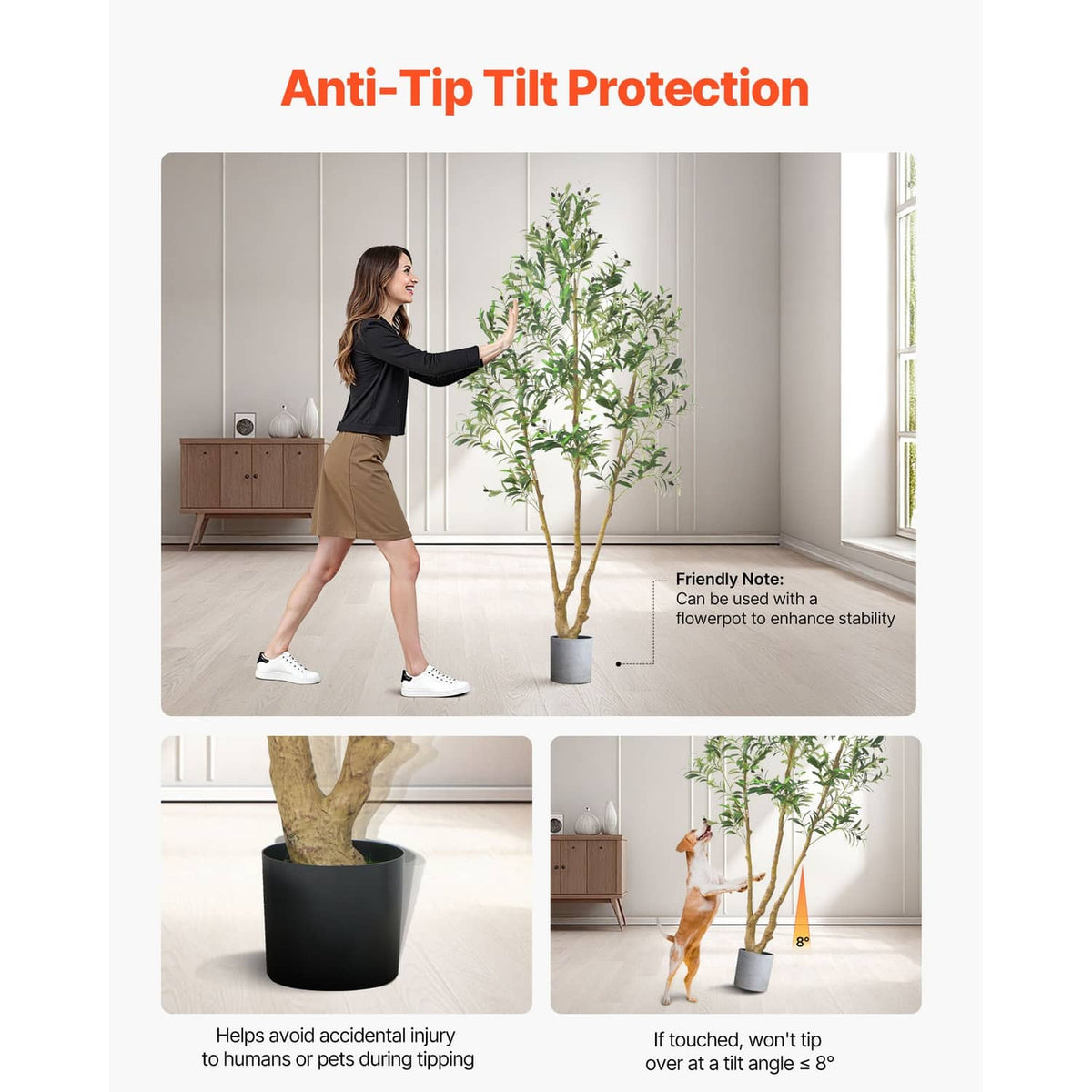Artificial olive tree in a black pot with anti-tip stability