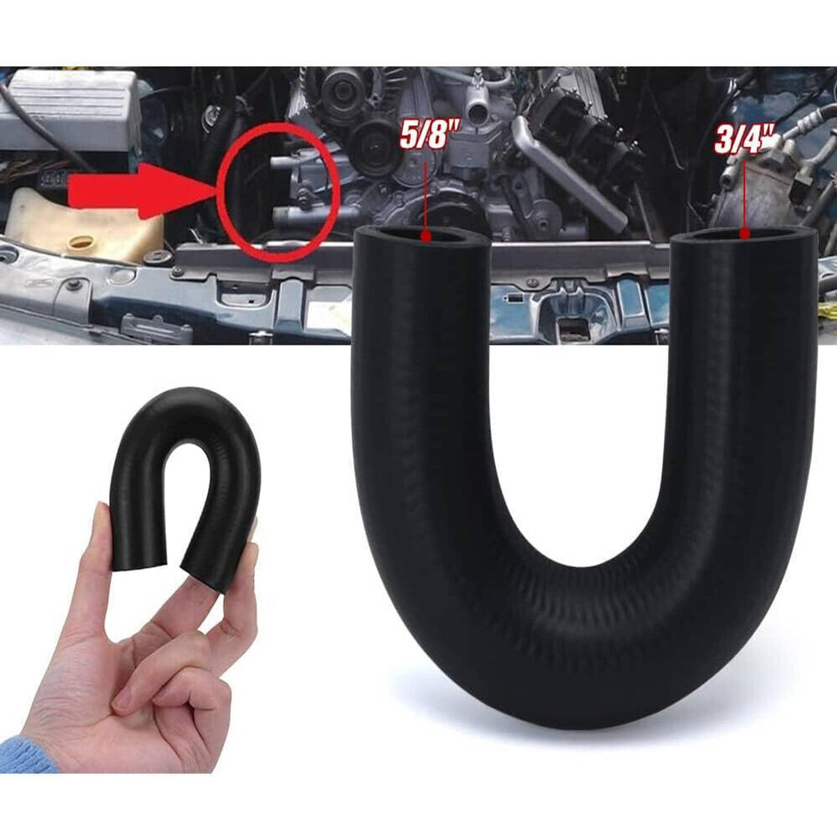 Black heater hose crossover held near engine bay with two clamp ends