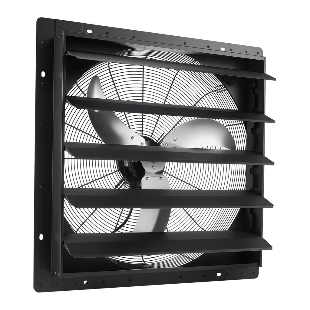 Wall-mount shutter exhaust fan front view with black grille and rotating blades