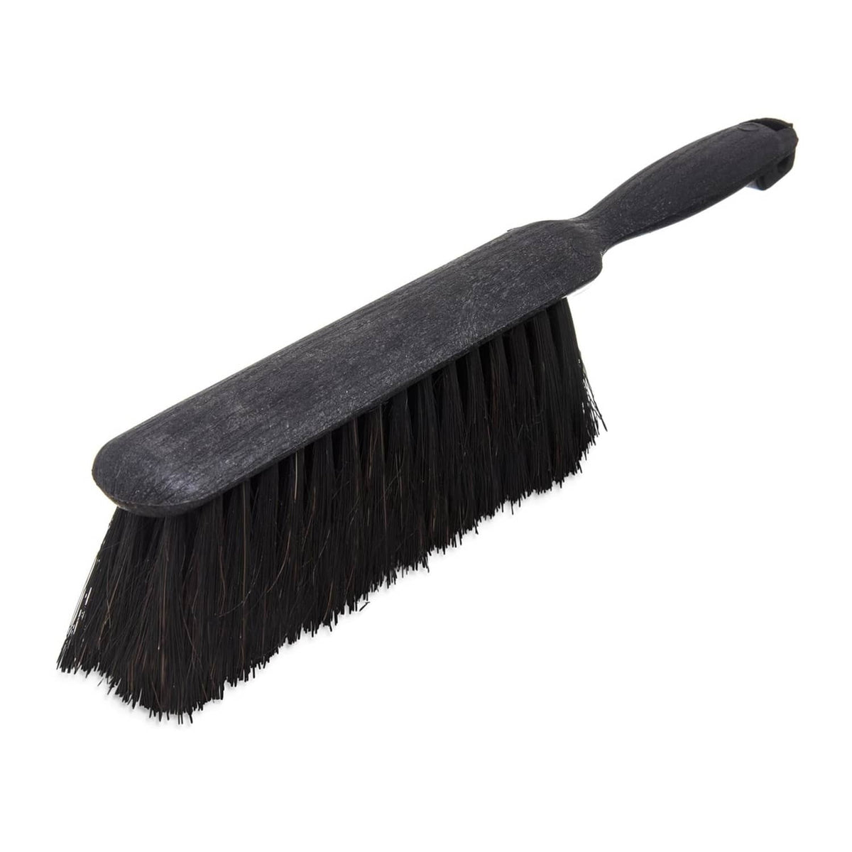 Black counter brush with dense bristles and curved 8-inch bench handle