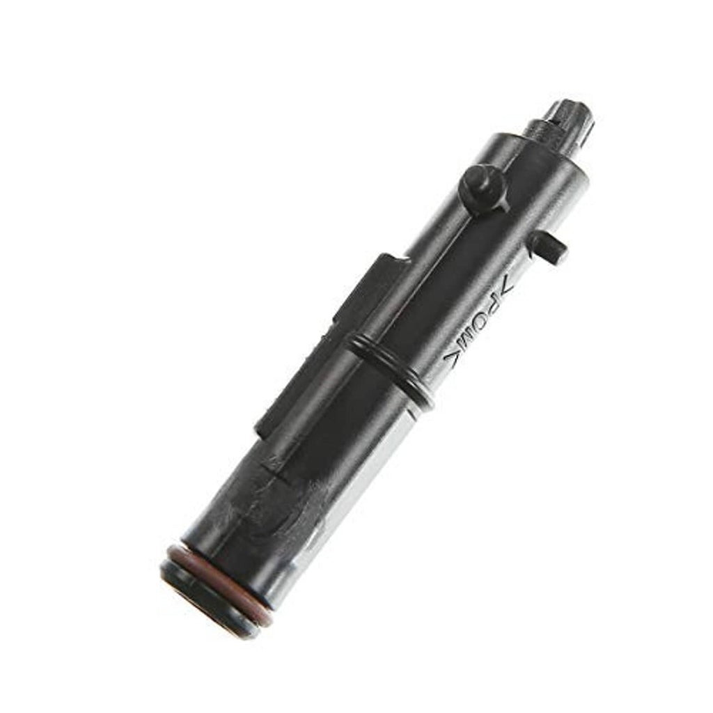 Headlight washer nozzle, black plastic cylinder with mounting clips and hose fittings