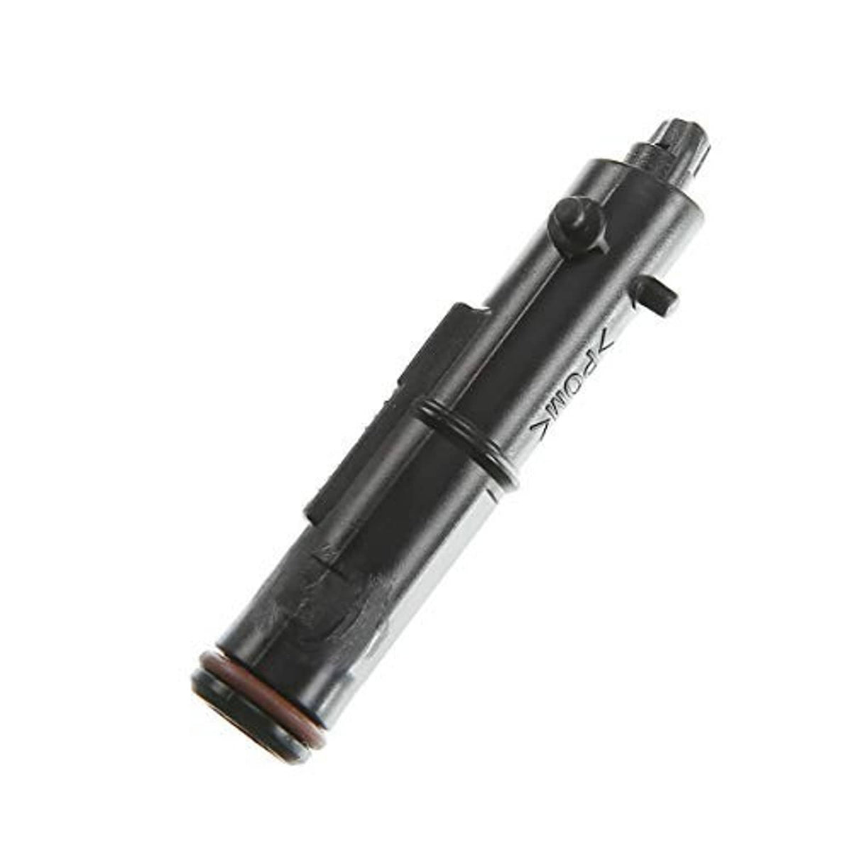 Headlight washer nozzle, black plastic cylinder with mounting clips and hose fittings