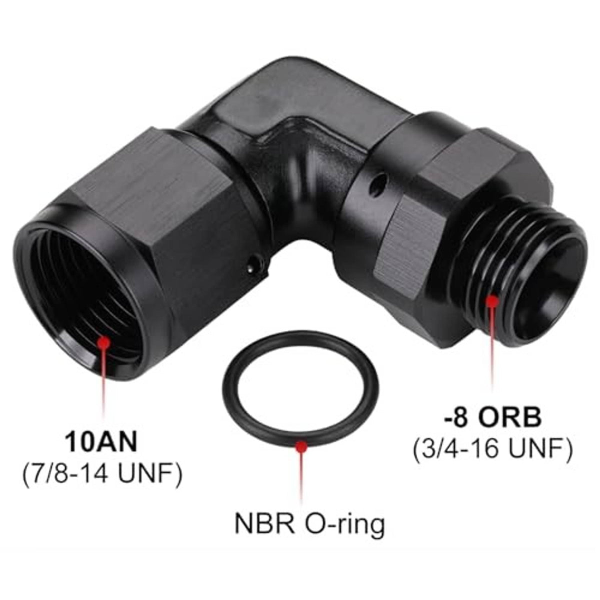 Black 90-degree elbow fitting with two threaded ports and included O-ring seal