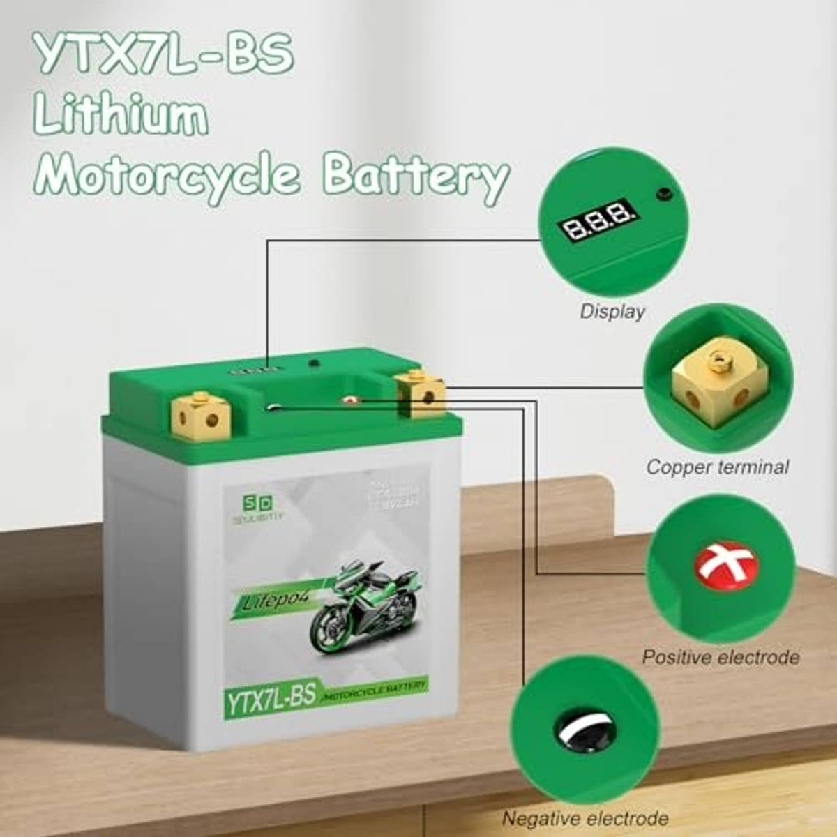 LiFePO4 motorcycle battery diagram showing terminals, positive and negative electrodes