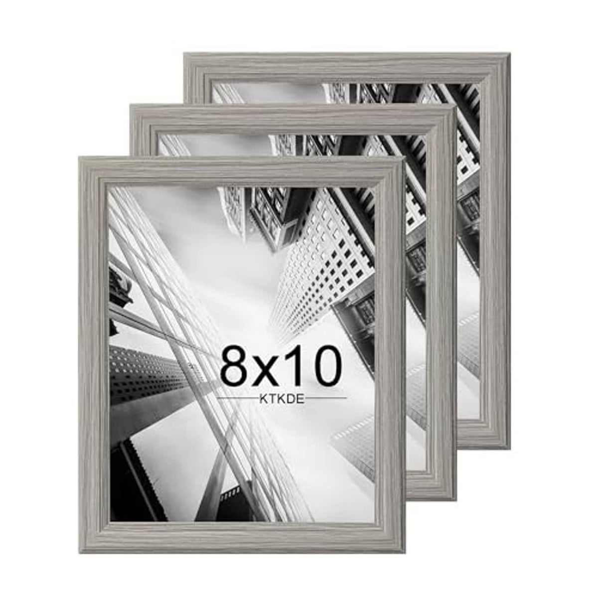 Set of three 8x10 grey woodgrain wooden picture frames with clear front, stacked view