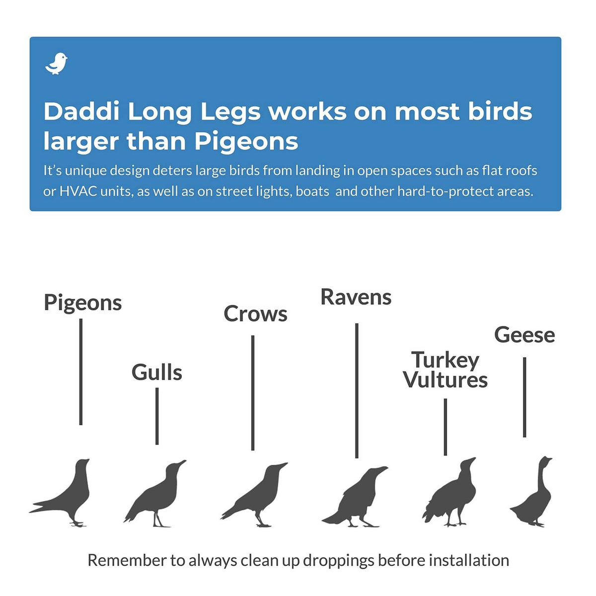 Bird deterrent product graphic showing long-legs design and bird silhouettes