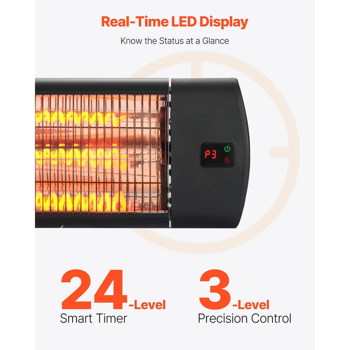 Infrared space heater heating tube with LED display panel and power level indicator