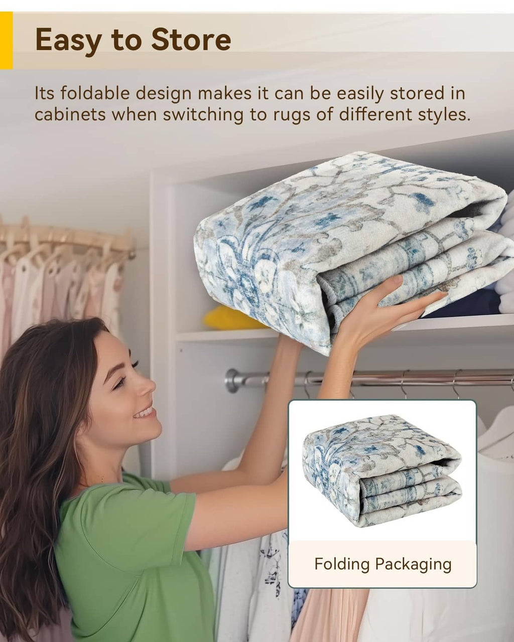 Folded blue and gray washable runner rug stacked for easy storage