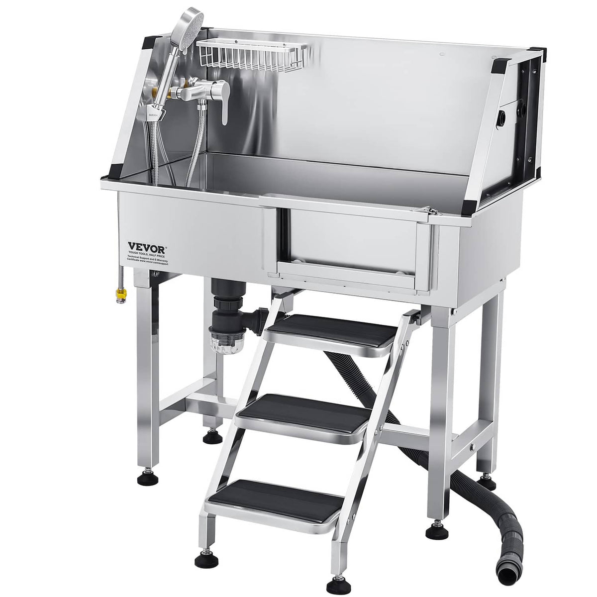 Pet grooming bath station with stainless tub, stairs, and black flexible hose connection