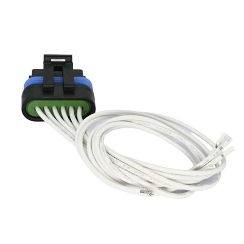 Multi-purpose wiring harness connector with blue ring, black frame, and bundled white wires