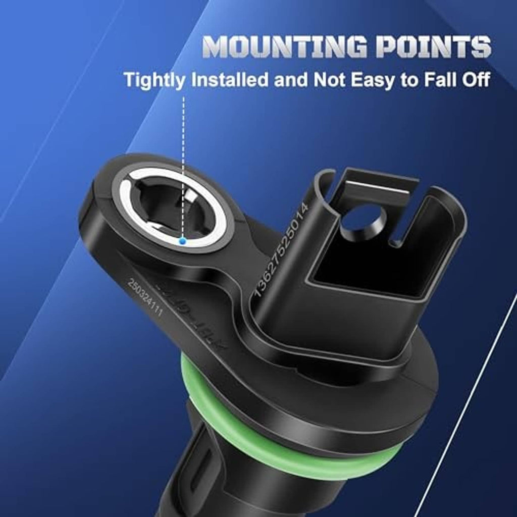 Camshaft position sensor showing mounting tabs and green seal ring in close-up