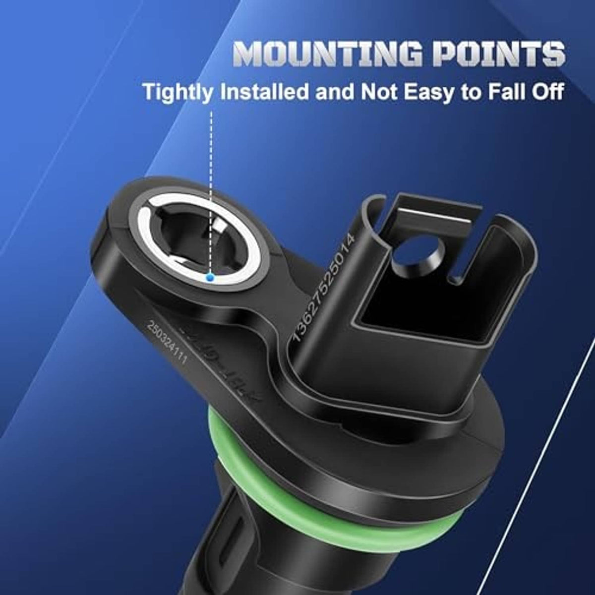 Camshaft position sensor showing mounting tabs and green seal ring in close-up