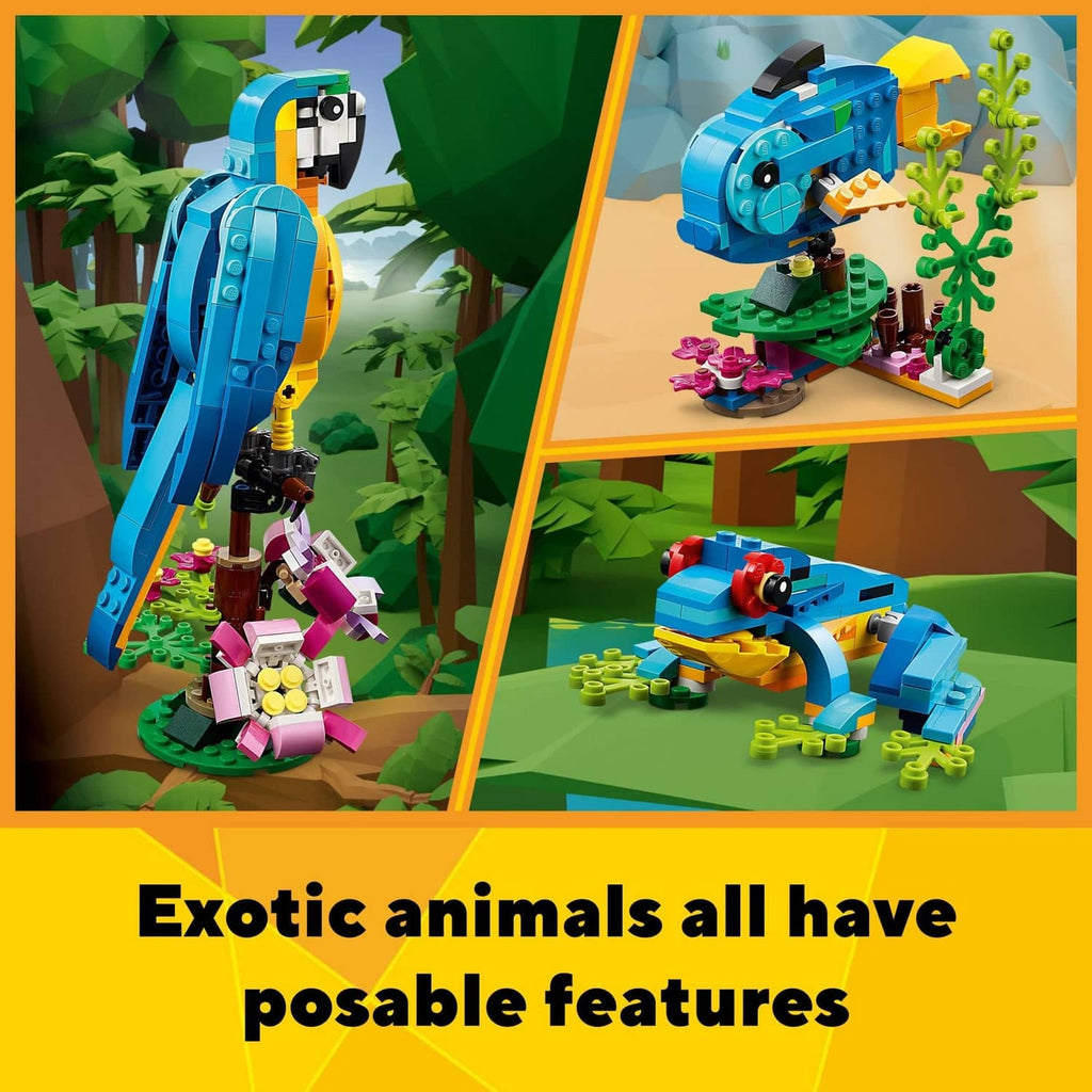 LEGO 3-in-1 exotic animal builds with a blue parrot and another multicolor creature model