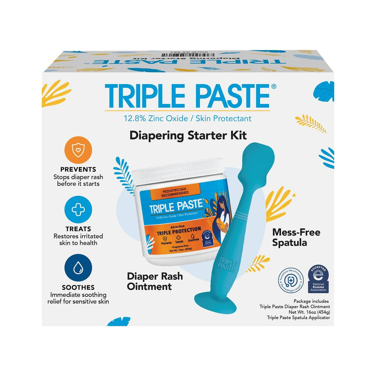 Diaper rash cream starter kit box with ointment jar and blue silicone spatula