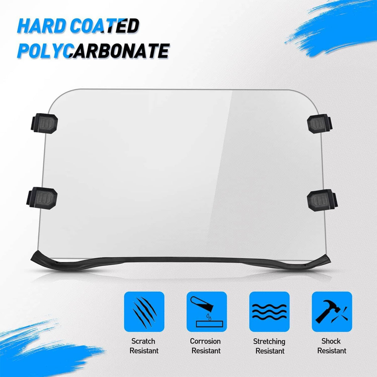 Clear polycarbonate UTV windshield with black clamps and curved top edge
