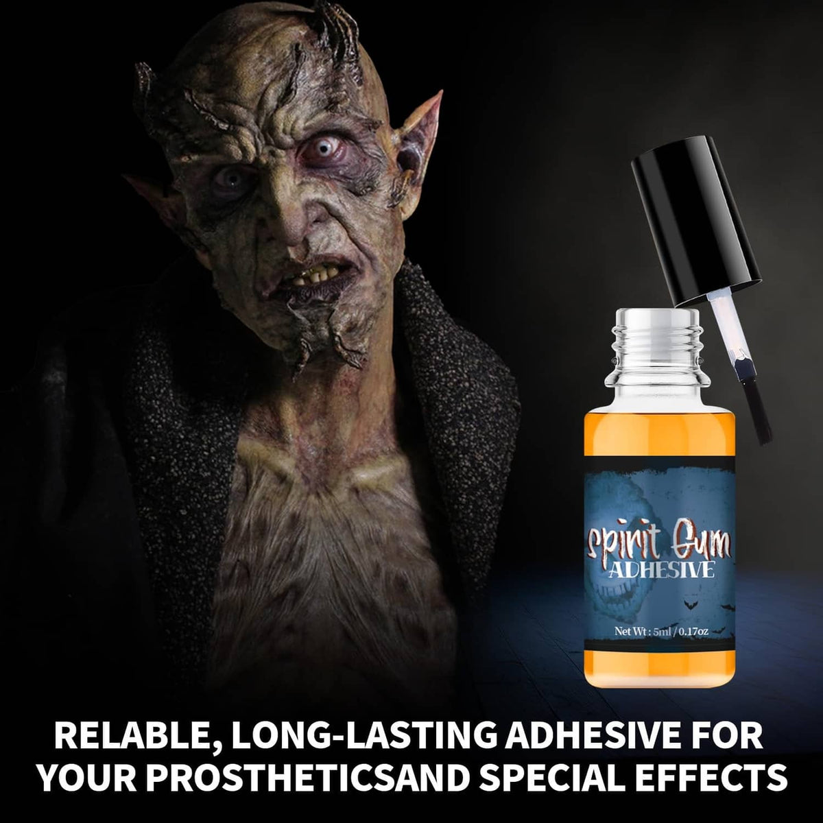 Spirit gum adhesive bottle with black cap and orange formula for prosthetics